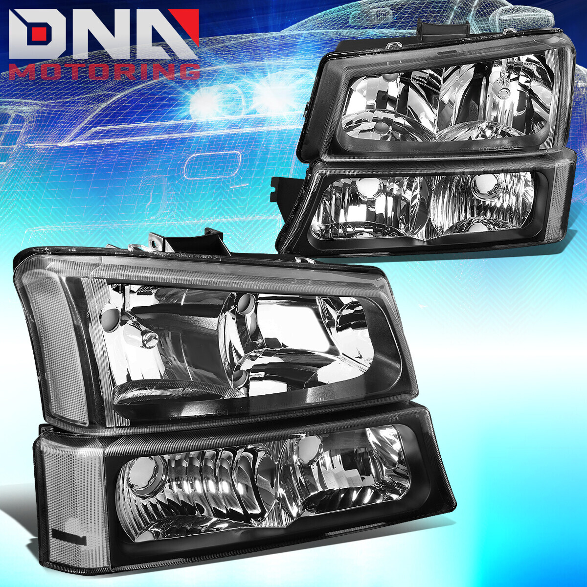 Black Housing Clear Lens Headlights + Bumper Lights For 2003-2006 Chevy Silverado Avalanche