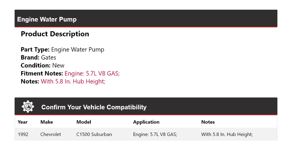 Chevrolet C1500 Suburban 1992 5,7 L V8 motor de gas puertas de bomba de agua Foto 2 de 4