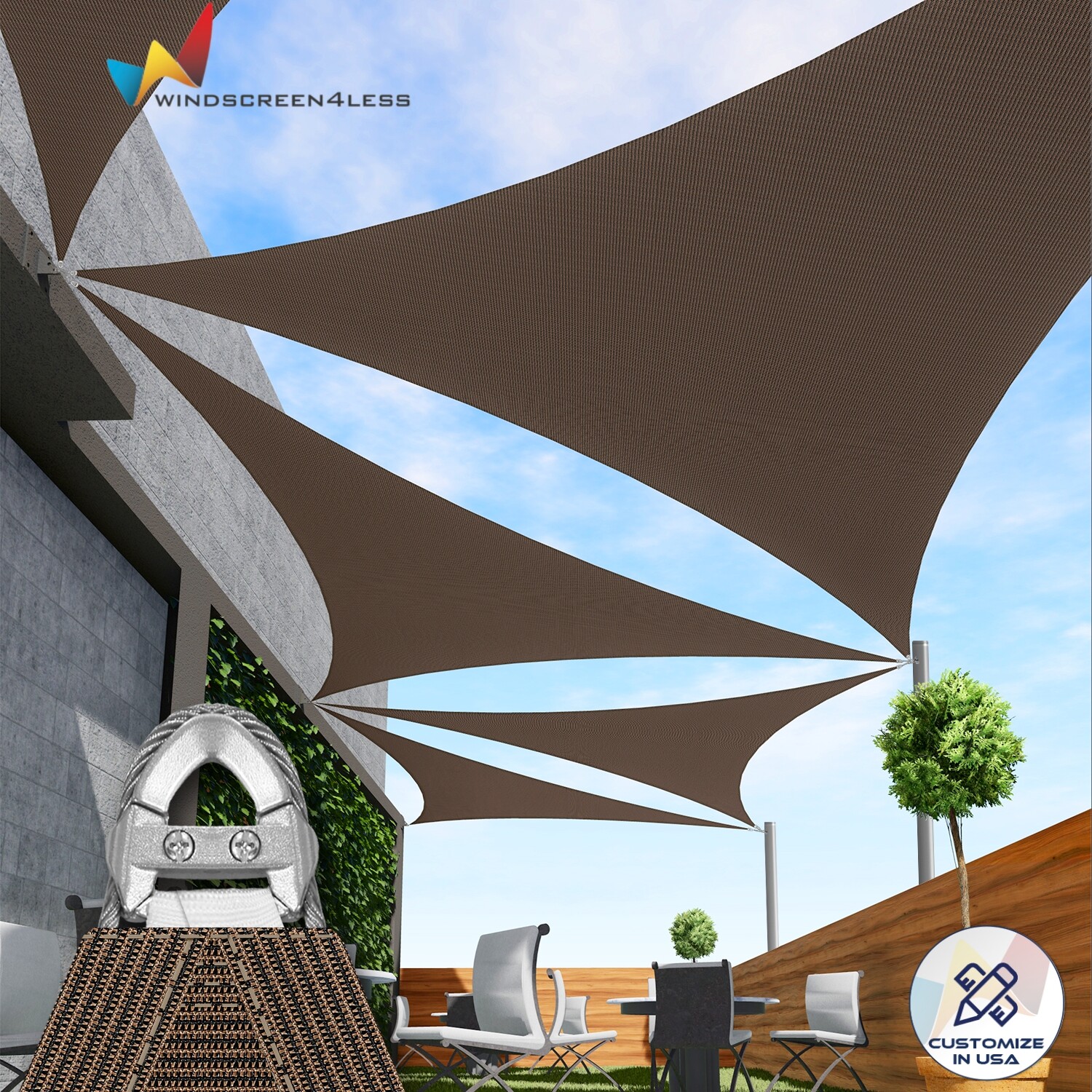 Triángulo Equilátero Marrón Exterior Cable Acero Parasol Vela 260GSM