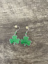 Lucky Green Sparkly Enamel Irish Shamrock Dangle Earrings