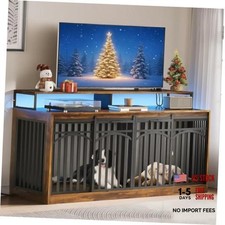 71" Double Dog Crate Furniture with LED Light  Power Outlets