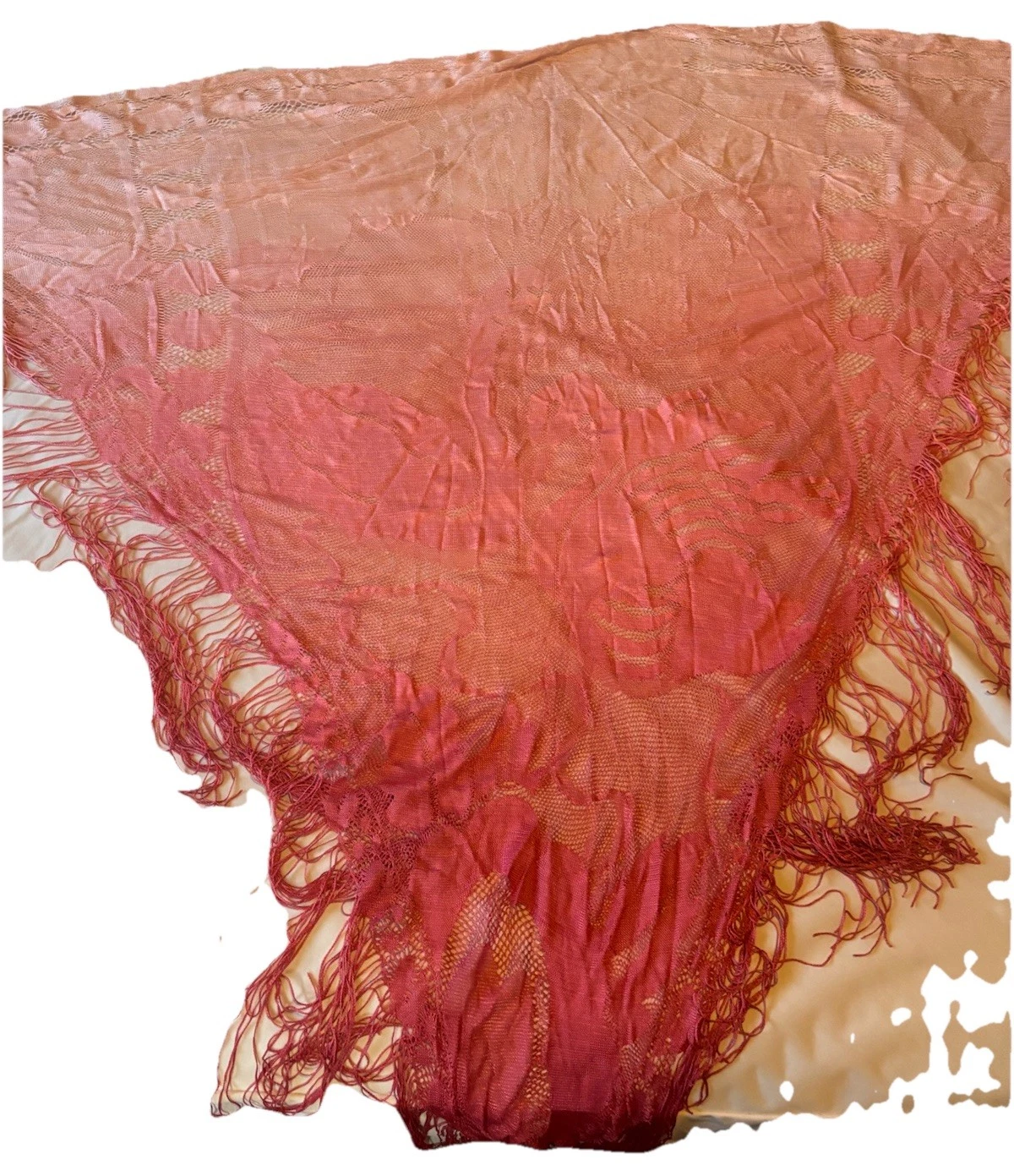 Vintage 1970s Pink Ombré Swan Fringe Shawl Large
