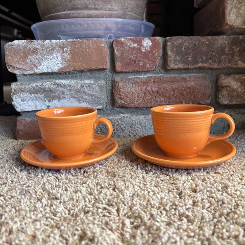 HOMER LAUGHLIN FIESTA WARE RETIRED TANGERINE TEA CUP AND SAUCER LOT MADE IN USA