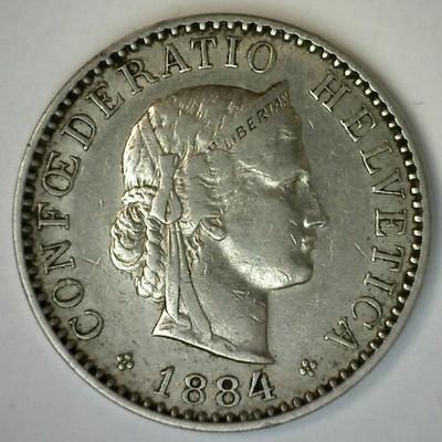 1884 B Switzerland Nickel Content 20 Rappen Coin Extra Fine Circulated Helvetica