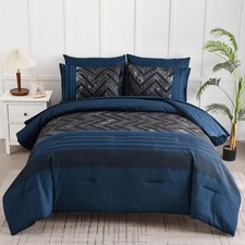 Navy Blue Comforter Set King Size, 7 Pieces Stripe Geometric Bed in a Bag, So...
