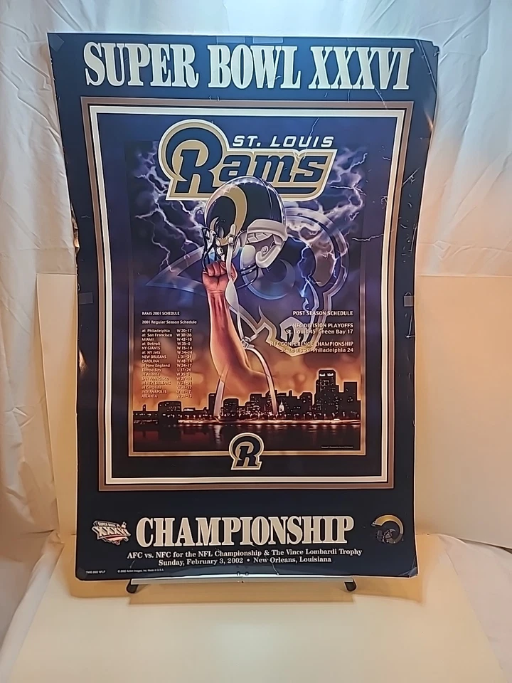 Póster de colección del Super Bowl XXXVI de los St. Louis Rams de la NFL 24" ancho x 36" alto vs patriotas Foto 2 de 4