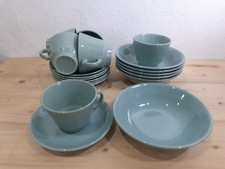 Vintage 18 Piece Set of 1930's Green Beryl Utility Wear Teacups, Saucers & Bowls