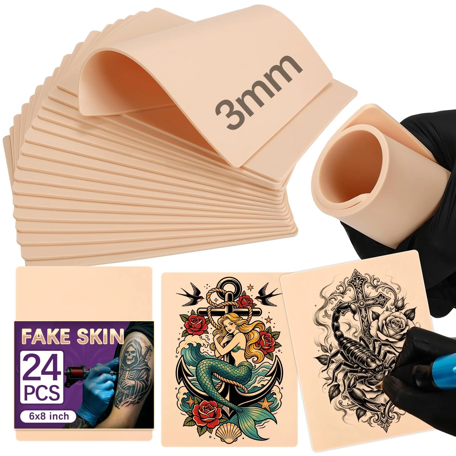 VelvetAura 3mm 24 Pack Blank Fake Skin – 8"x 6" Double Sided Tattoo Practice ... image 1