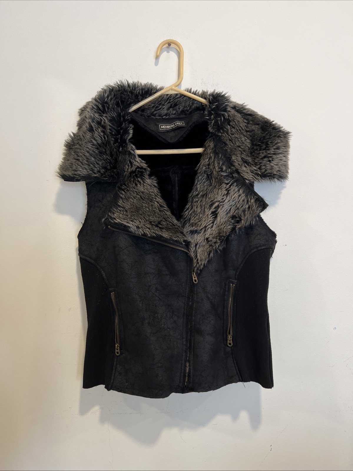 Members Only Women's Fur Collar Black Vest Jacket