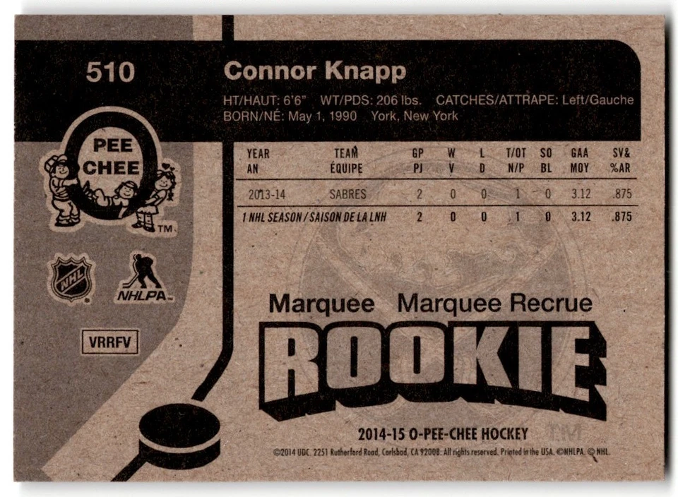 2014-15 O-Pee-Chee Retro Connor Knapp Rookie #510 Buffalo Sabres - Image 2 of 2