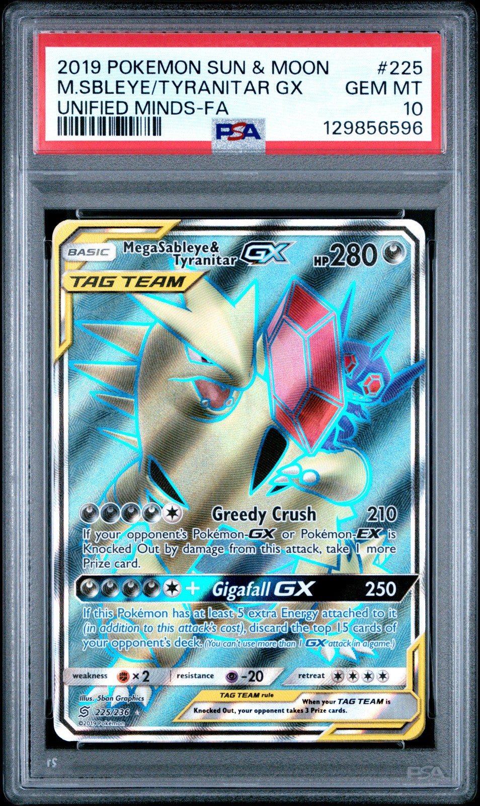 POKEMON UNIFIED MINDS MEGA SABLEYE & TYRANITAR GX 225 PSA 10 GEM MINT #129856596