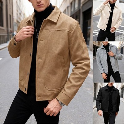 Mens Woolen Jacket Casual Coats Winter Warm Outdoor Coat