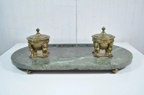 Antique French Empire Figural Bronze Sphinx Green Marble Desk Top Double Inkwell - Picture 11 of 11