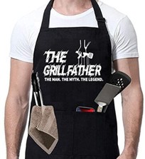 Funny Black Chef Aprons for Men Adjustable BBQ Grill Kitchen The Grillfather