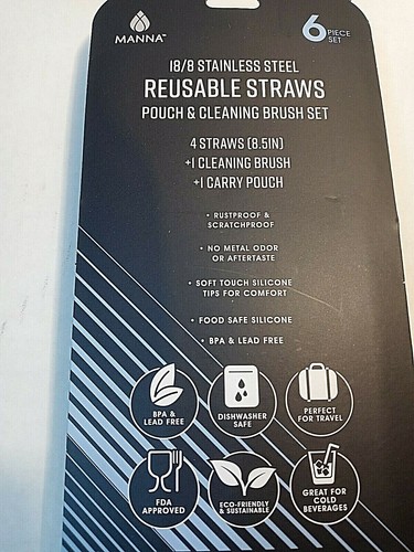 Manna.Teal Stainless Steel 6 pc Reusable Straws & Brush Set w/ Carry Pouch - Picture 3 of 3