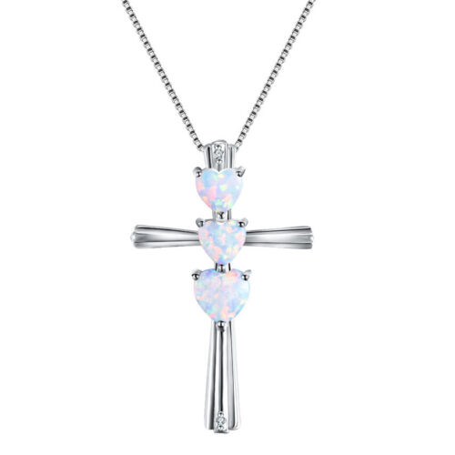 Fashion Lady Silver Cross White Simulated Opal Pendant Necklace Wedding Jewelry  - Bild 1 von 3