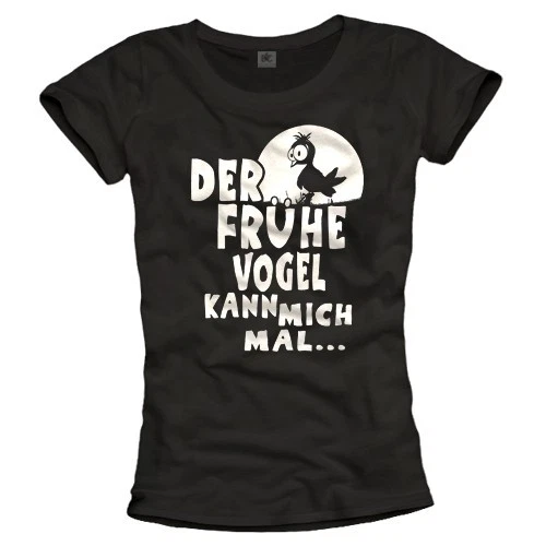 Lustige Witzige Damen Shirts DER FRÜHE VOGEL Top Sprüche Shirt schwarz 36 38 40 - Bild 1 von 1