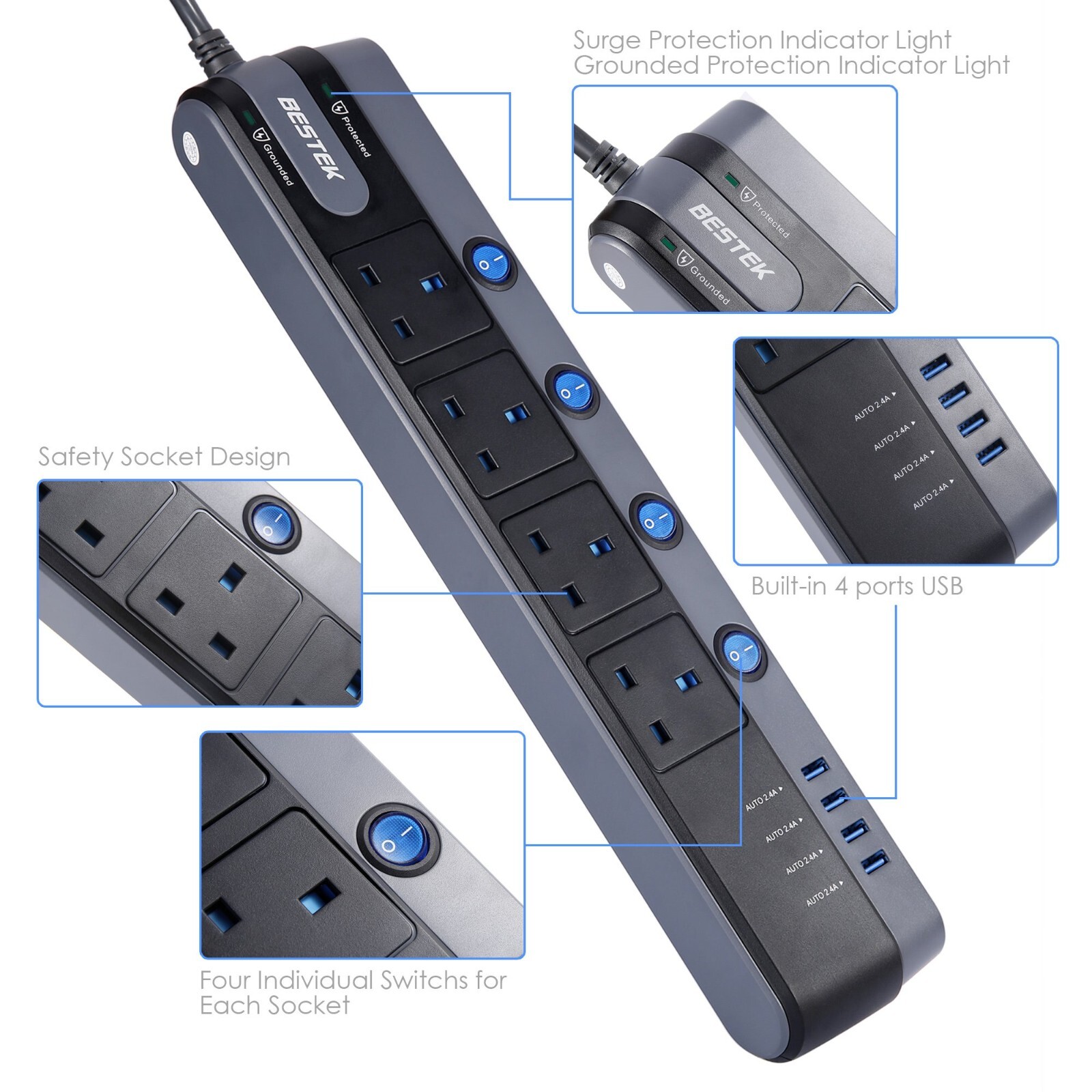 BESTEK 4 Way Extension Lead 1.8M Power Strip Socket with Surge