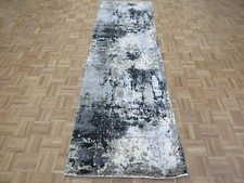3'1 x 10'2 Runner Hand Knotted Gray Modern Abstract Oriental Rug With Silk G9168
