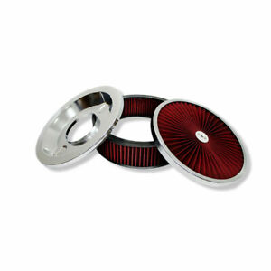 14 x 4 Round Chrome RED Washable Air Cleaner Flow Thru Filter Top Recessed Base