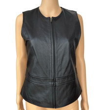 Rem Garson Womens genuine soft Leather Vest Full Zip Black Biker Moto Size S
