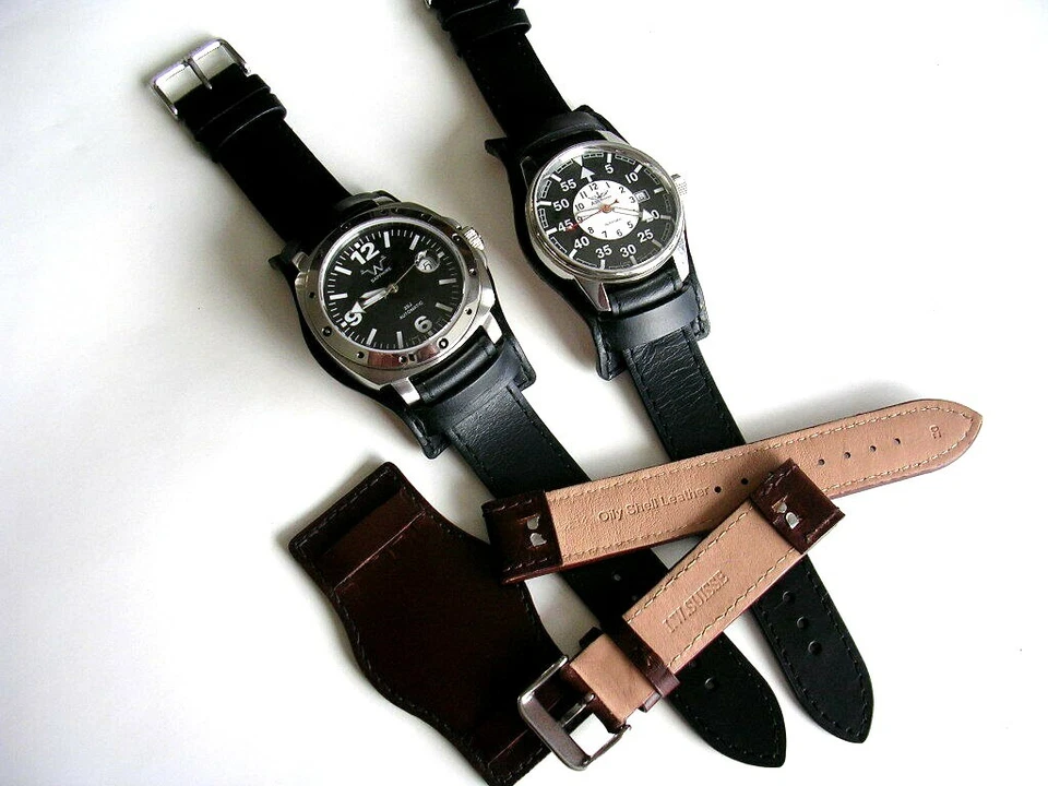 24mm Open End BUND Black or Brown Military Oil Leather watchband strap IW SUISSE - Image 2 of 4