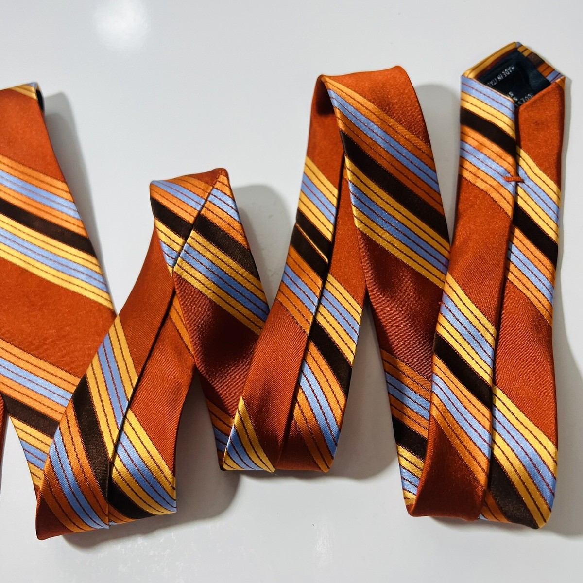 VALENTINO Orange Designer Silk Tie w Blue&Brown Stripes 59.5x3.25