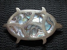 TURTLE CUT OUT ABALONE SHELL INLAID HIPPIE BELT BUCKLE VINTAGE RARE HANDMADE
