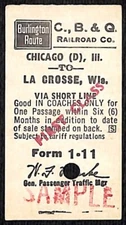 Chicago, Burlington & Quincy Railroad C., B. & Q. SAMPLE Ticket to La Crosse