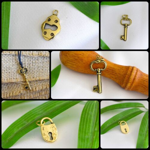 Lock and Key Friendship Handmade Gold Brass Charm Necklace Pendant Jewelry - Picture 1 of 9
