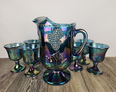 Blue Carnival Glass Harvest Grape Iridescent Pitcher & Goblet Set