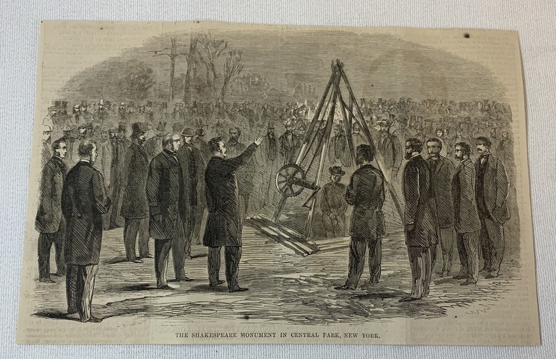 1864 magazine engraving~ SHAKESPEARE MONUMENT IN CENTRAL PARK NYC