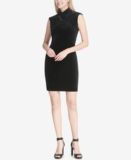/LX056/ Calvin Klein Mock-Neck Stretch Velvet Sheath Dress Black Sz M $99.50