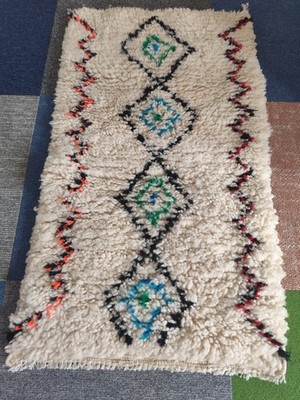 Marokkanischer Beni Ouraine Teppich Neu Wolle BERBERBER RUG Klein Creme Bunt Handarbeit