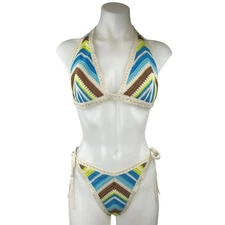 Aerie Cheekiest Multicolor Striped Crochet Halter Swimwear Swim Bikini Set XL/L