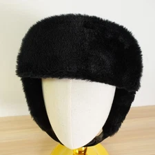 Vintage USA Made Trapper Hat LARGE Black Ushanka Faux Fur Bomber Winter Ski 80s