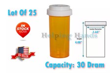 Lot Of 25 Prescription Vials  Reversible Caps Child  Non-Child Locks 30 Dram