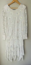 VTG Megere White Sequin Beaded Dress M Long Sleeve Ruffle Hem Formal Wedding