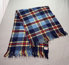 136" x 48" Vtg Troy Robe Wool Blanket Plaid Check Tartan Fringed Blue