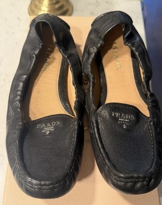 PRADA Women s Black Leather Slip-On Loafer Flats Logo Accent EU 39