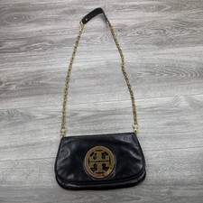 Tory Burch Reva Clutch Crossbody Bag Black Leather Gold Chain Logo Strap Evening