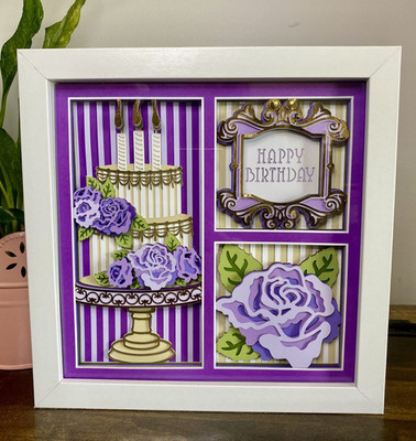 3D Happy Birthday Purple Gold Shadow Box 8x8 Wall Art Handmade Gift Cake Floral