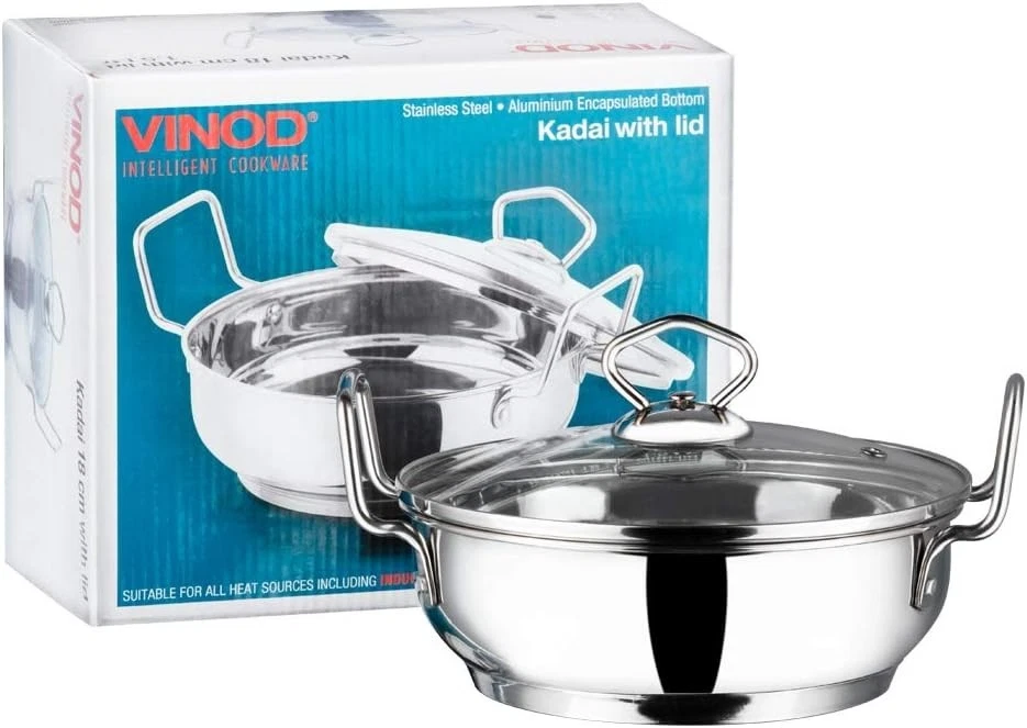 Vinod Stainless Steel Wok 1.5L Silver Induction Glass Lid 3 Layer Pan 18cm Kadai