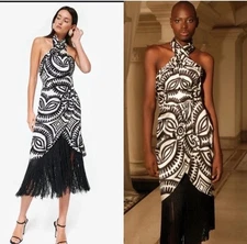 NWT Andres Otalora -Women's Zipa Fringed Twill Midi Dress - Black/white - 6