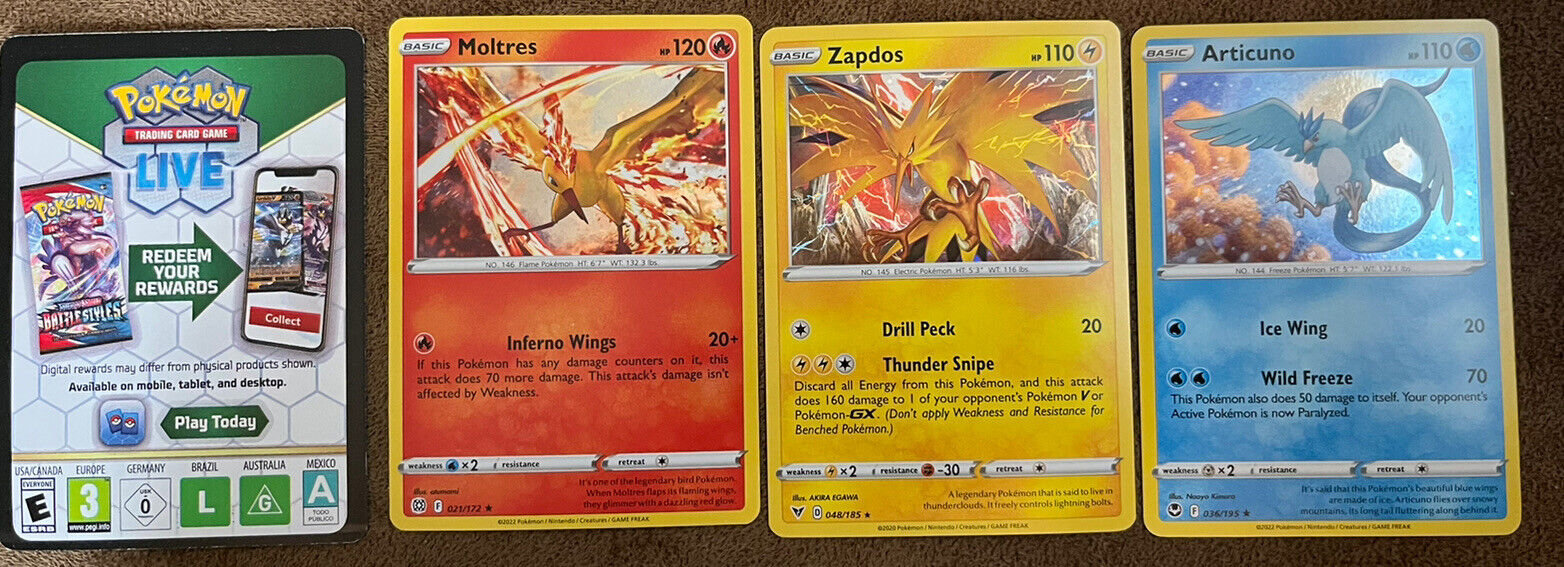 Articuno - Zapdos - Moltres - Pokemon Legendary 3 Card Lot -  036/195-048/185-021/172 - Silver Tempest