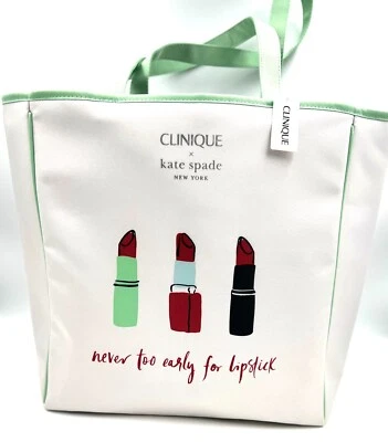 Clinique x Kate Spade Shopping Shoulder Tote Bag ~ Green Strip ~ Lipstick Print