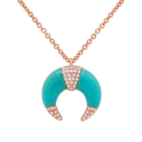 14k Rose Gold Crescent Moon Turquoise Diamond Pendant Necklace 1.61 CTW - Afbeelding 1 van 4