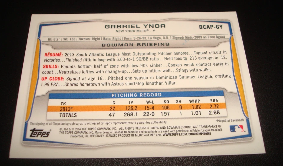 Gabriel Ynoa Mets Signed 2014 Bowman Chrome #BCAP-GY Certified Autograph A14 - Image 2 of 2
