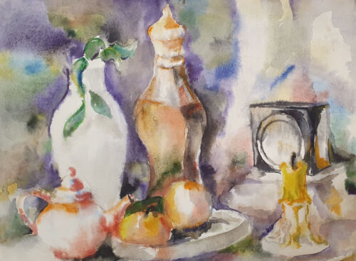 Vintage fauvist watercolor painting still life clock, candle, teapot, fruits - Foto 1 di 12