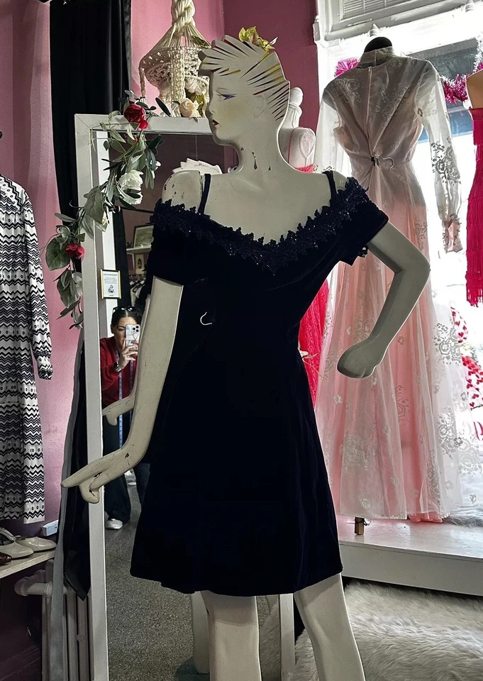 Vintage 90s Purple Velvet Mini Dress Fit & Flare Off Shoulder Grunge Fairy S - Image 4 of 4